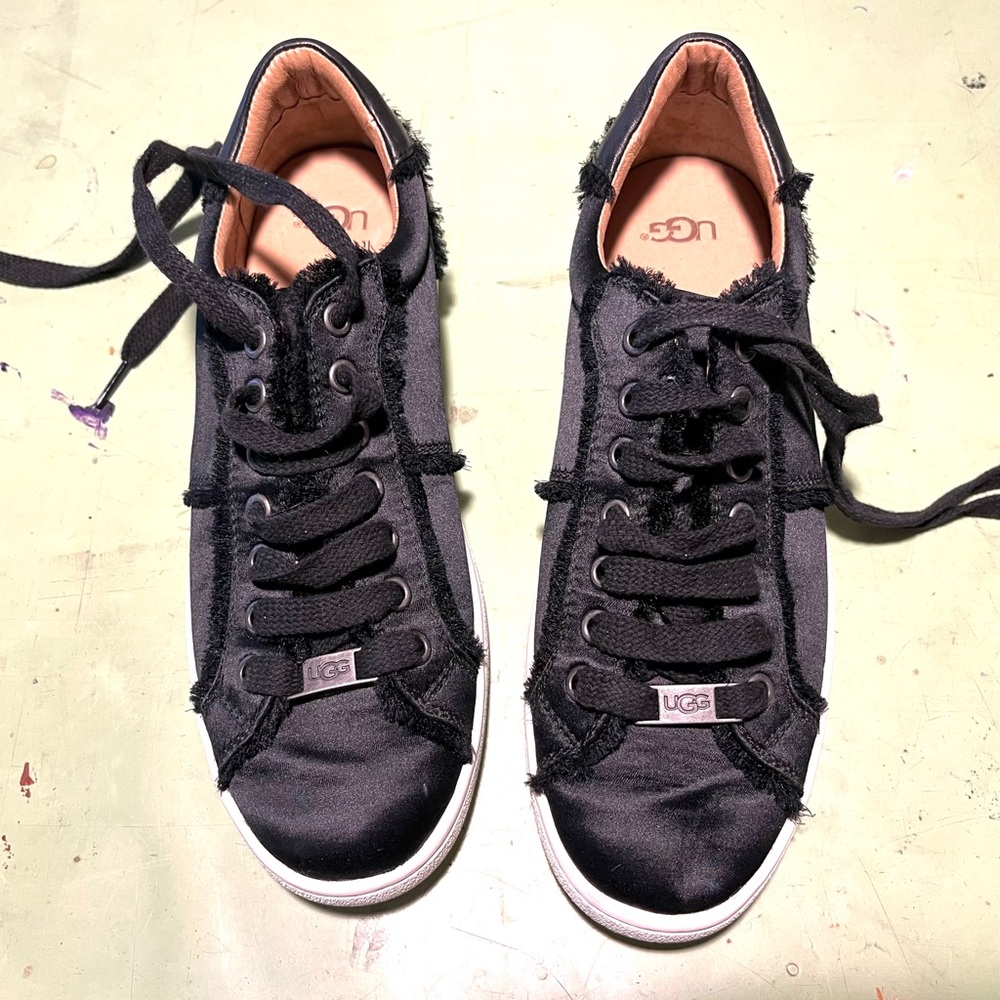 Black satin UGG sneakers, women’s size 9, lace up. Great condition.